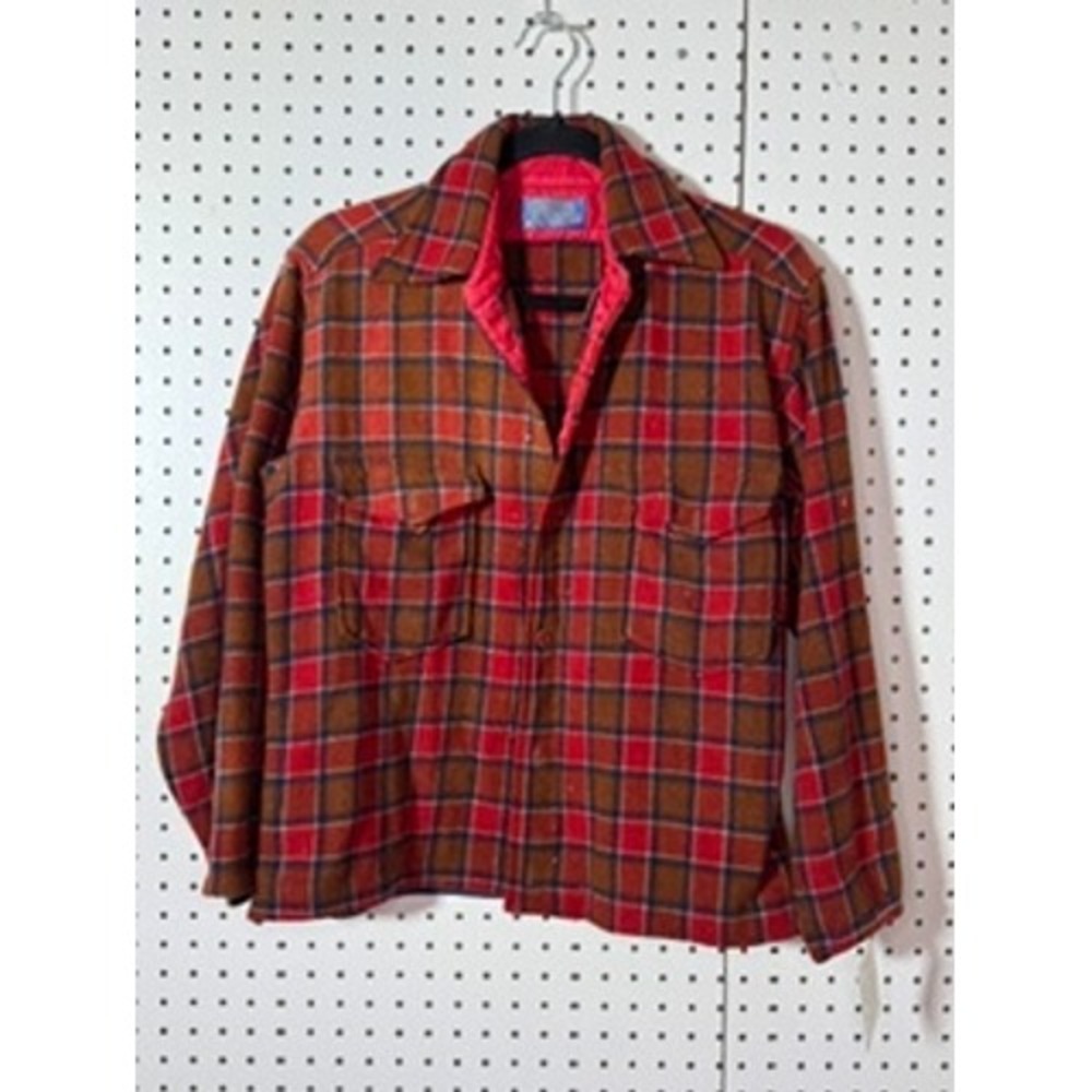 Vintage Pendleton Wool Board Shirt Red Brown Plaid Flannel 60s 70s Mens Medium
